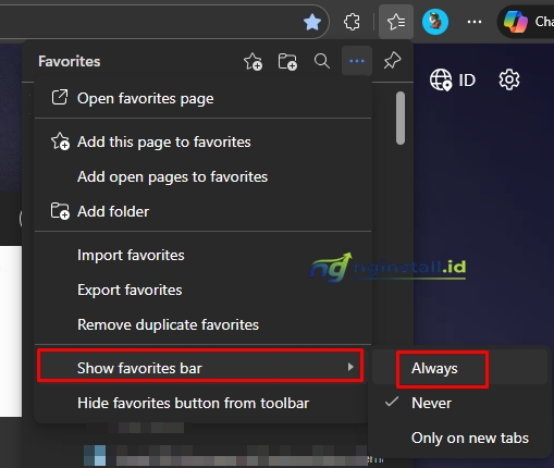 Cara Menampilkan Bilah Bookmark/Favorites Bar di Edge