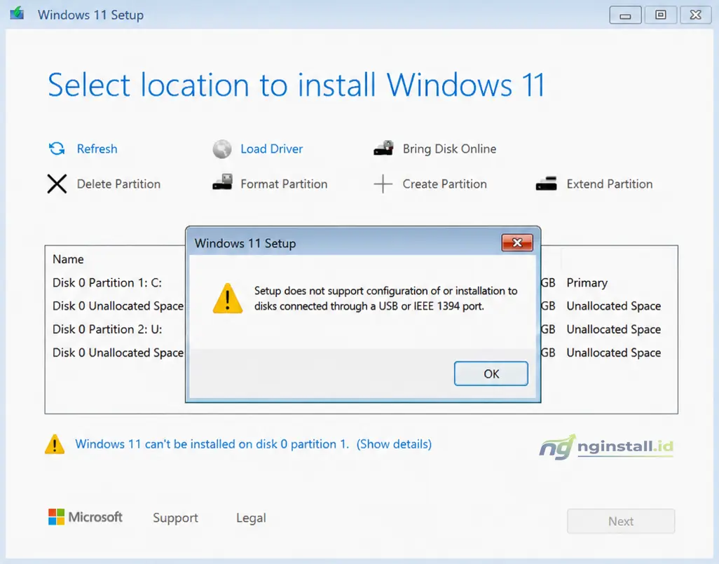 Cara Mengatasi Setup does not support configuration of or installation to disks connected through a USB or IEEE 1394 port
